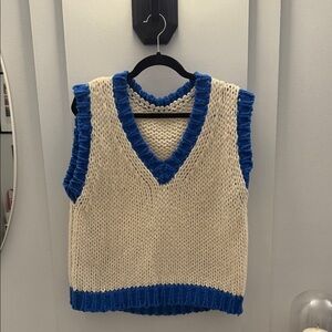 Blue and Cream Knit Sleeveless Sweater